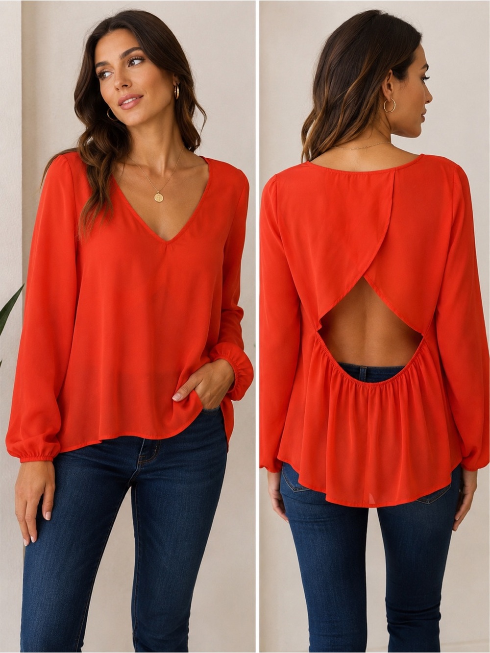 Mi Ami Coral Red Open Back Long Sleeve Blouse M Made in USA Party Date Night